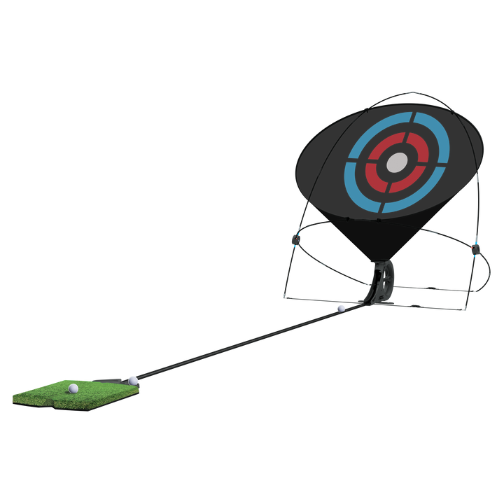 Golf practice device with target and grass patch on a white background